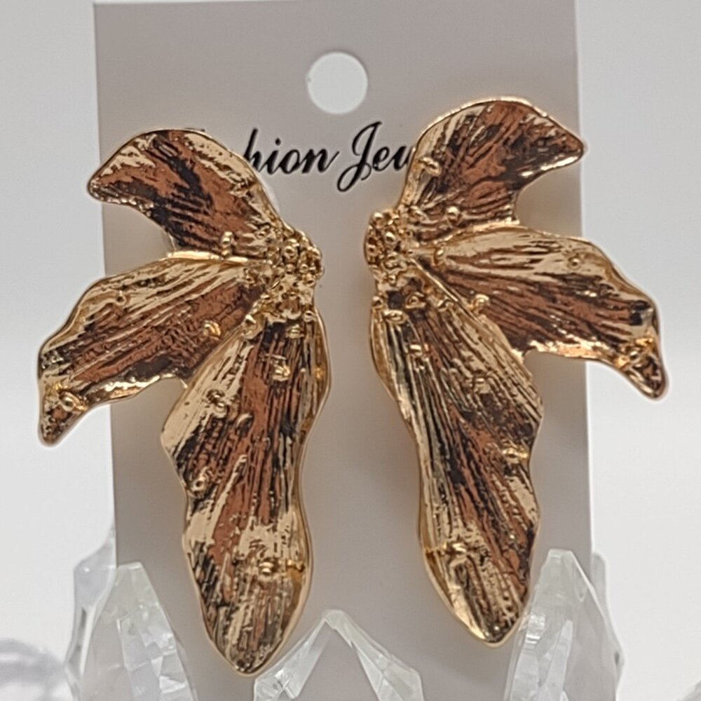 Gold Flower Petal Stud Earrings - Picture 3 of 6